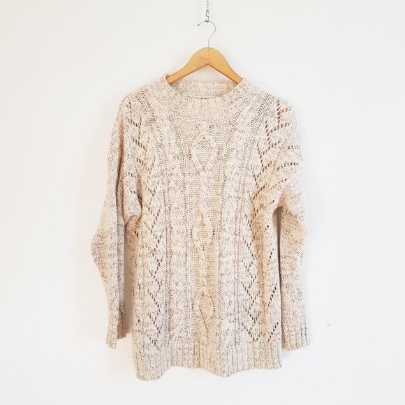 Beige Knit Wool Sweater, Mockneck Wool Blend Sweater, Wool Cable Knit Sweater M - Picture 1 of 10